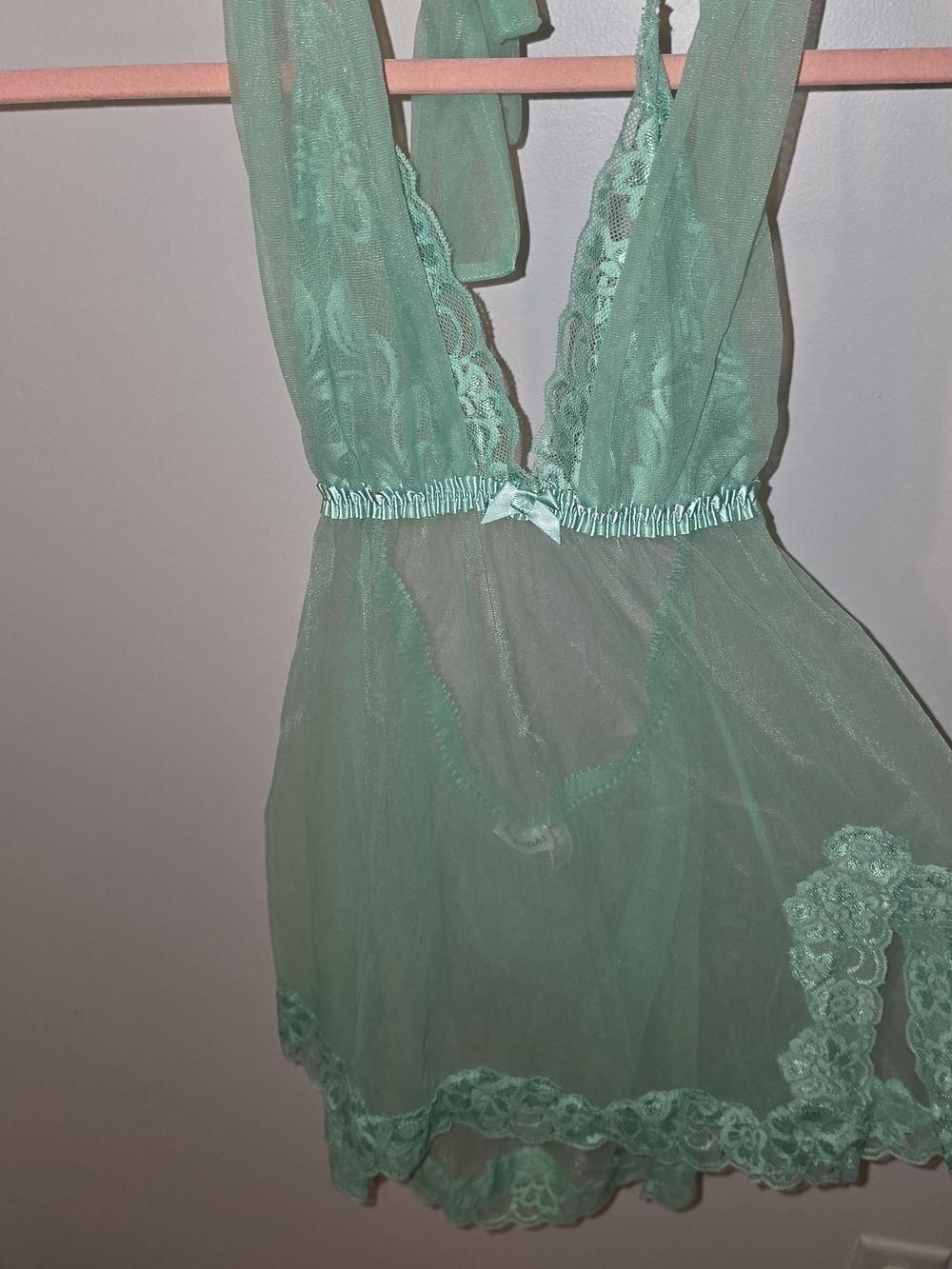 Frederick's of Hollywood Sheer Lace Babydoll Chemise in Mint Green
